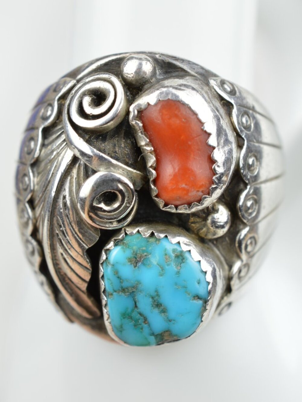 Vintage Navajo Mens Sterling Silver Turquoise Coral Saddle Ring 10.25